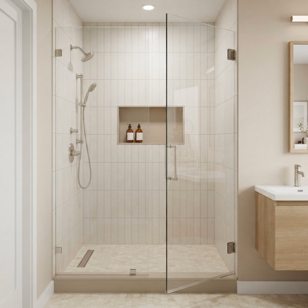 Frameless Glass Doors | San Bernardino Shower Project Frameless Glass Doors for a San Bernardino shower project.