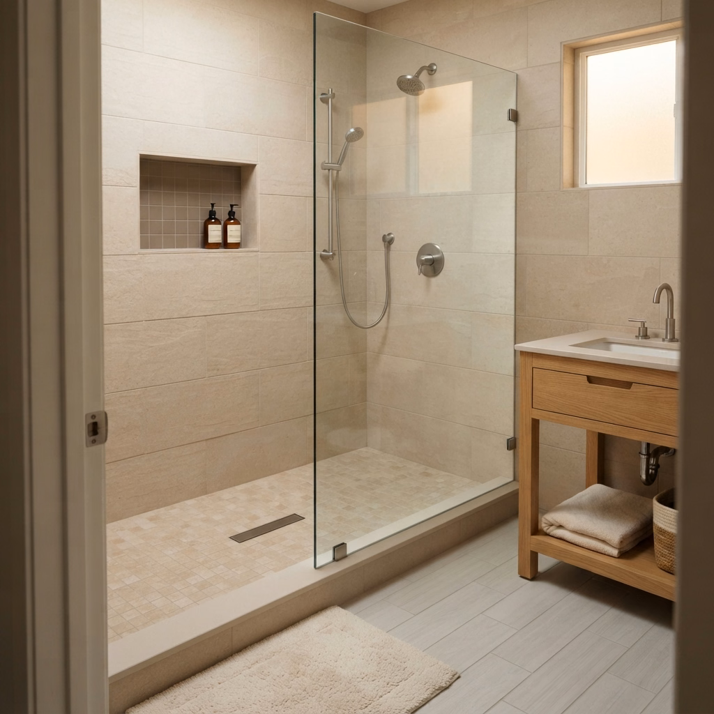 Warm Beige Tile | San Bernardino Shower Project Warm Beige Tile for a San Bernardino shower project.