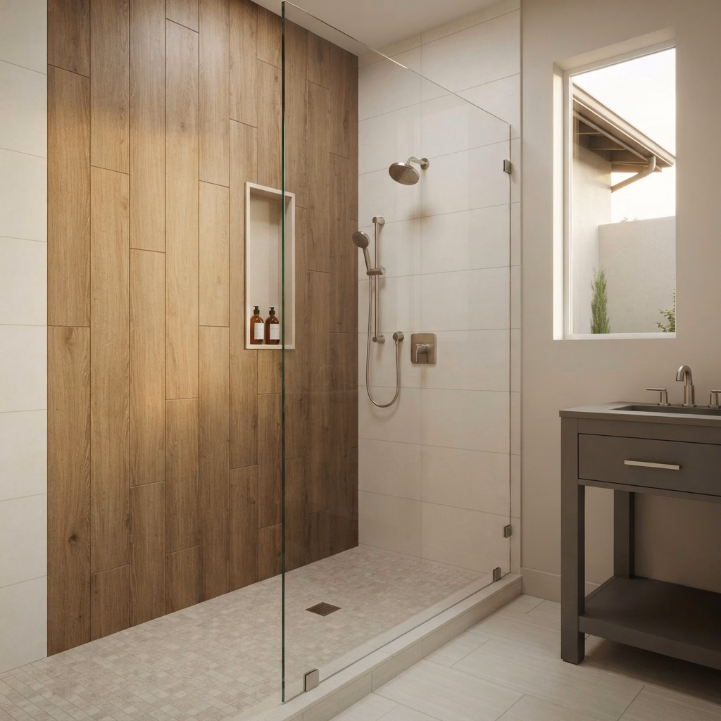 Wood Accent Walls | San Bernardino Shower Project Wood Accent Walls for a San Bernardino shower project.