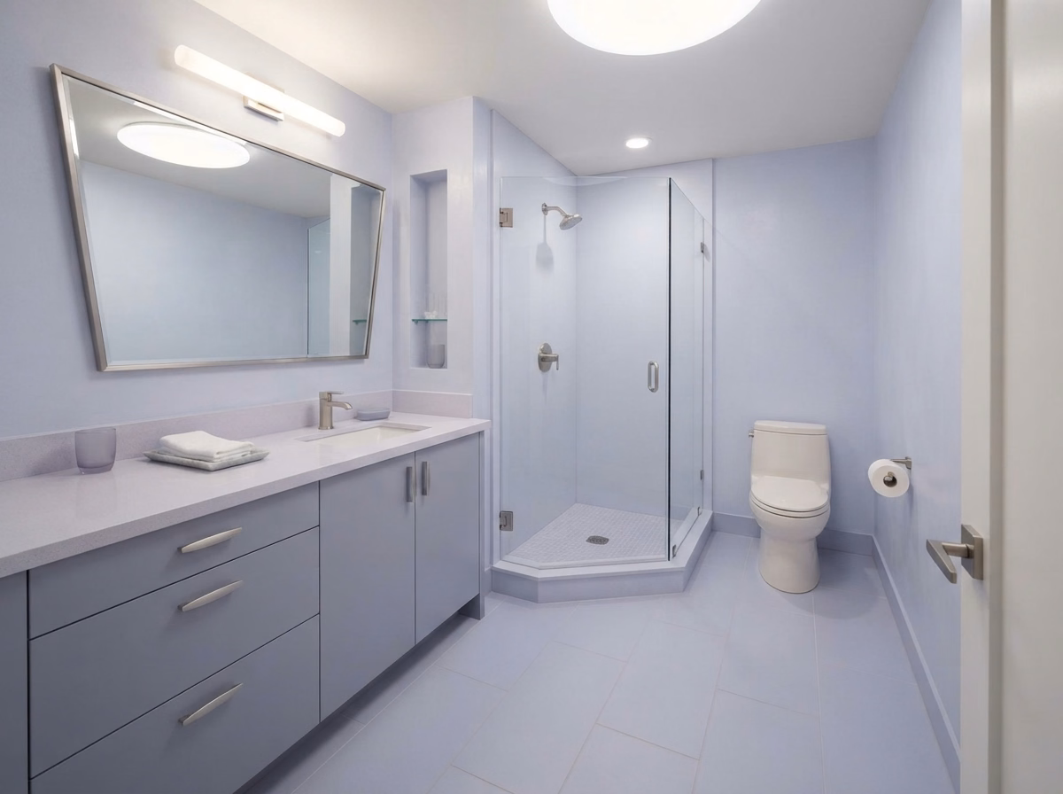 Go Light Monochromatic | San Bernardino Compact Bathroom Go Light Monochromatic for a San Bernardino compact bathroom.
