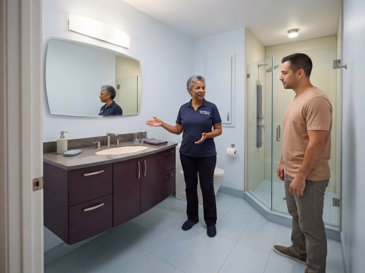 Installation Finish | San Bernardino Compact Bathroom Installation Finish for a San Bernardino compact bathroom.